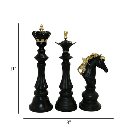 statue chess piece 3pc set black & golden 11''x8'' china