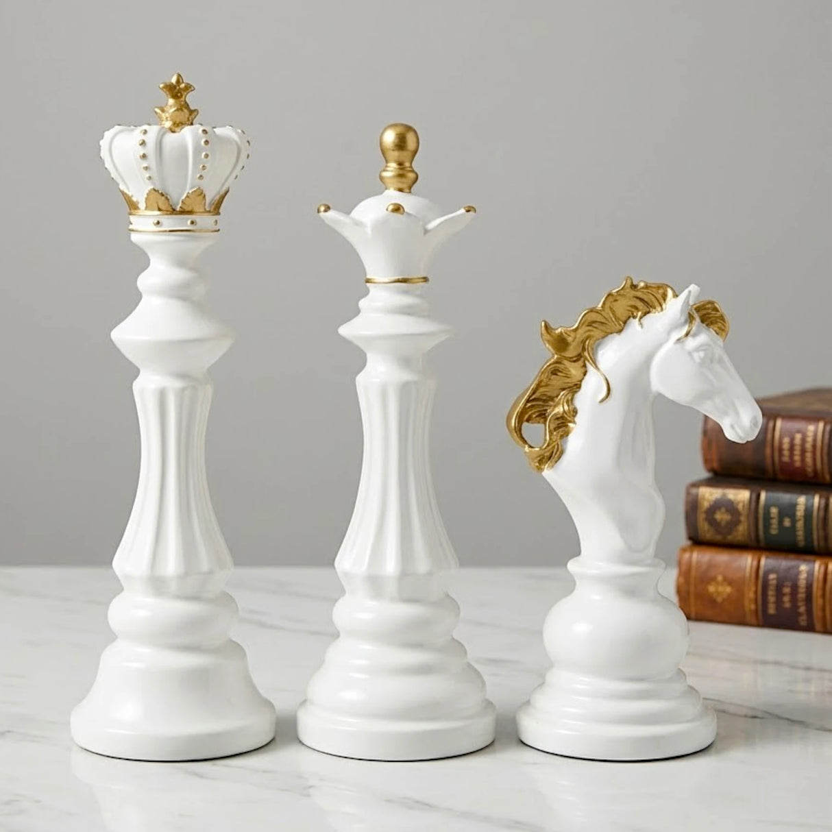 statue chess piece 3pc set white & golden 11''x8'' china