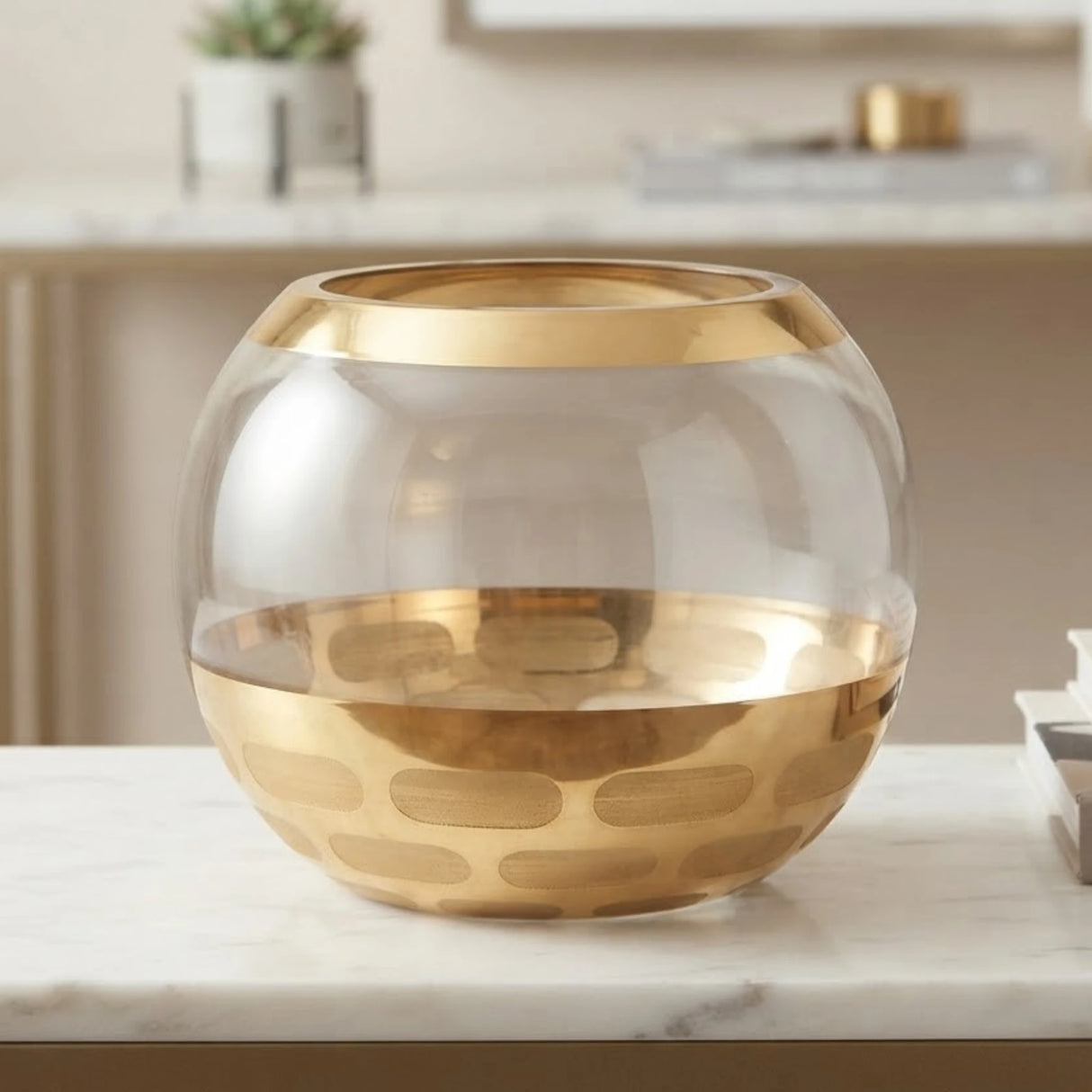 glass fish bowl round golden & white small 5''x4'' china