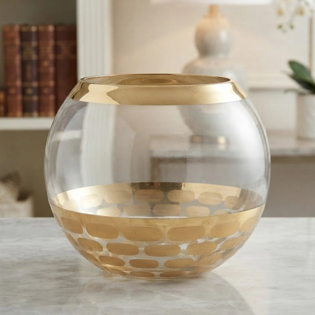 glass fish bowl round golden & white large 7''x5'' china