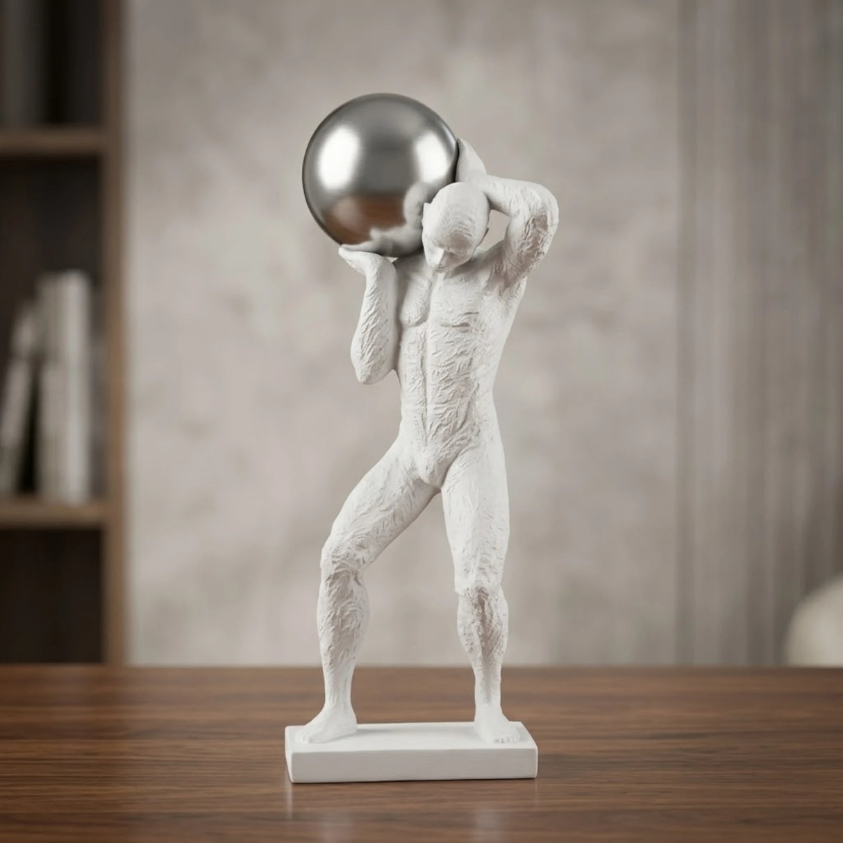 statue man holding metal sphere white 12.5''x5'' china