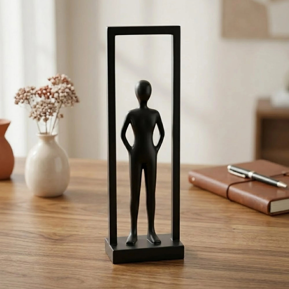 statue human figure stand in rectangular frame black 12''x4'' china