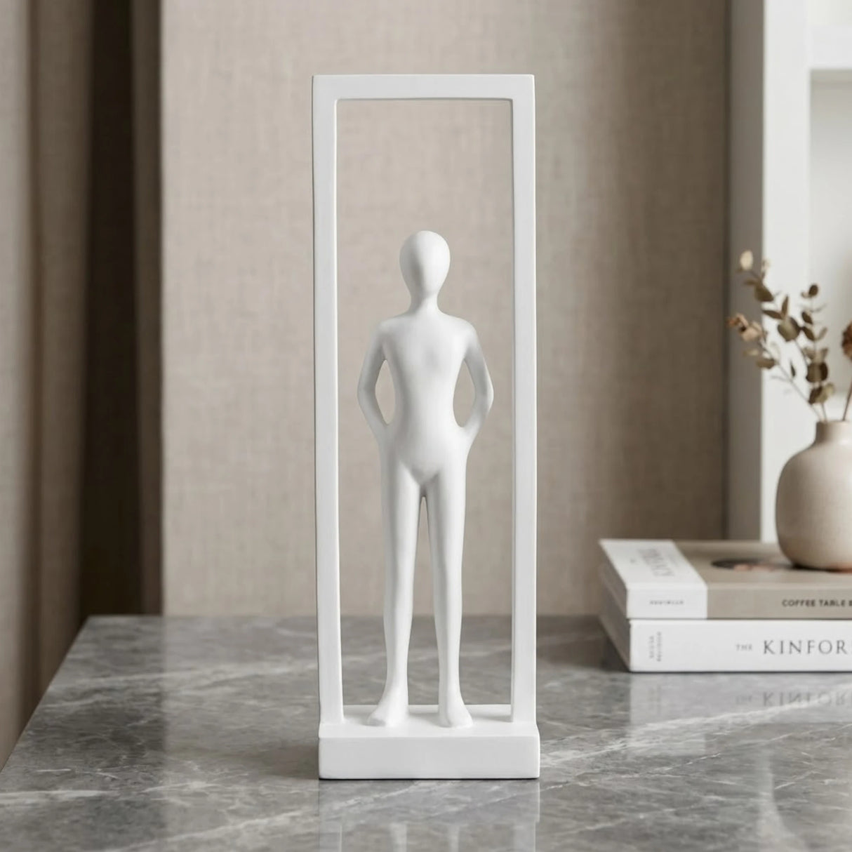 statue human figure stand in rectangular frame white 12''x4'' china