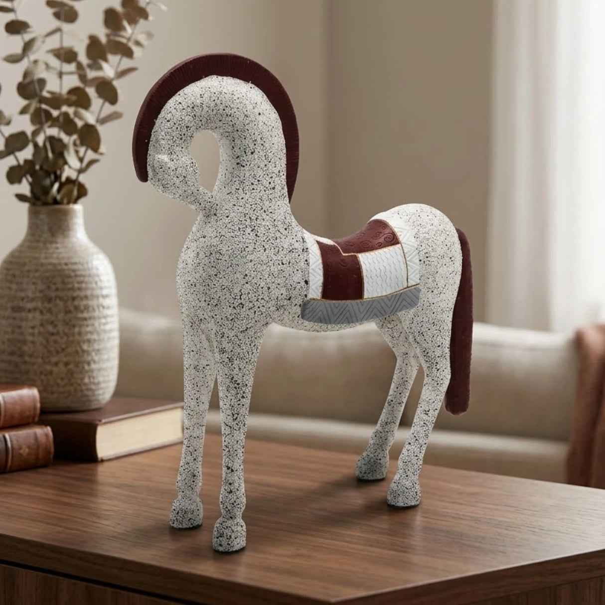 horse sculpture white & maroon 9.5"x8" china