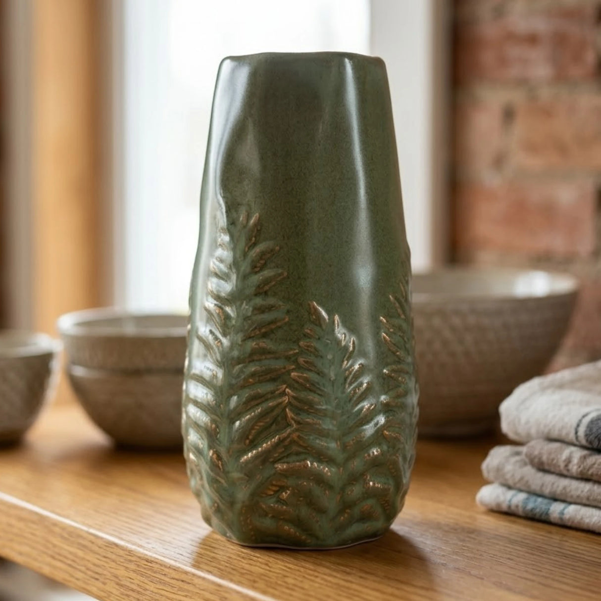 ceramic vase textured leaves green small 10x4 china
