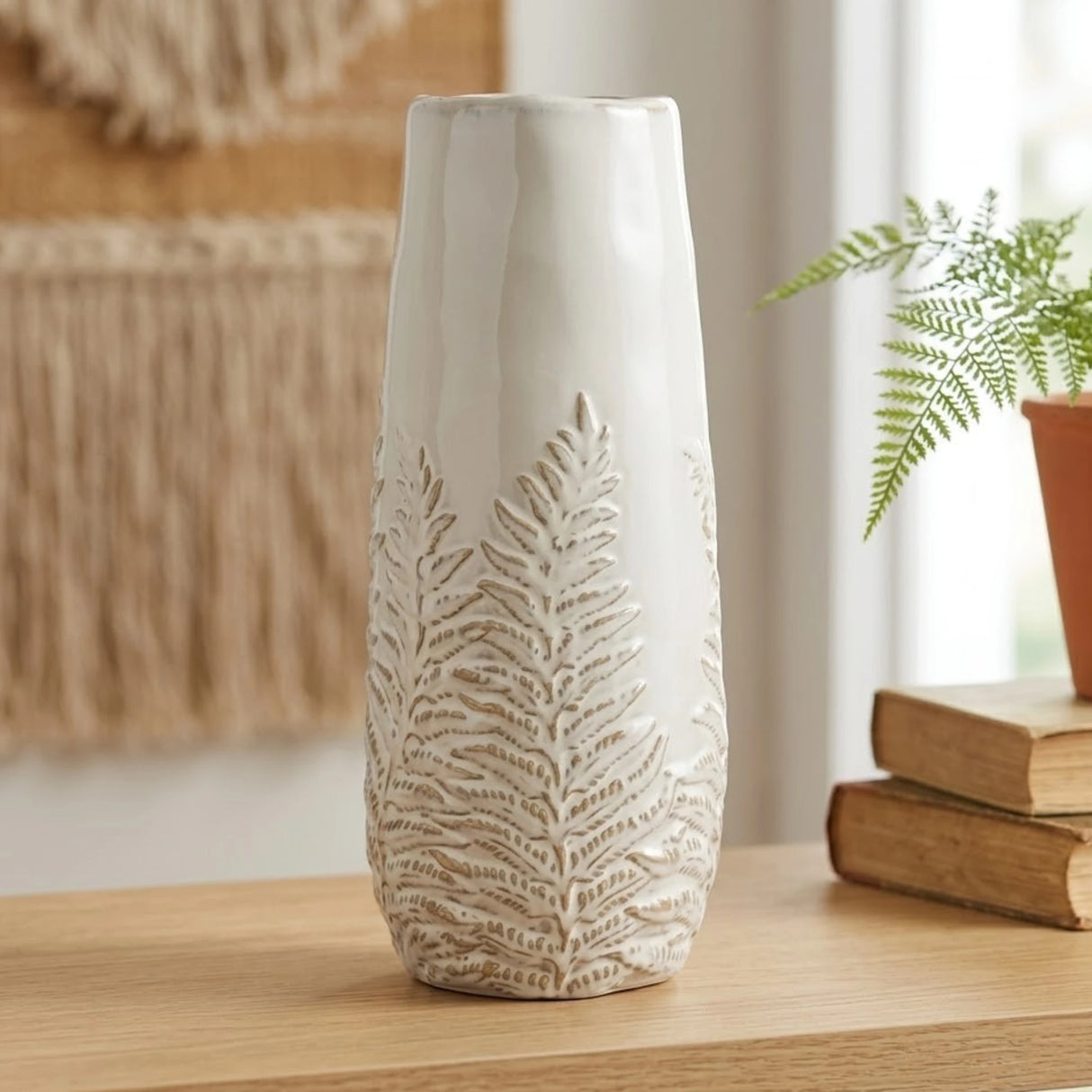 ceramic vase textured leaves white large 13x4 china