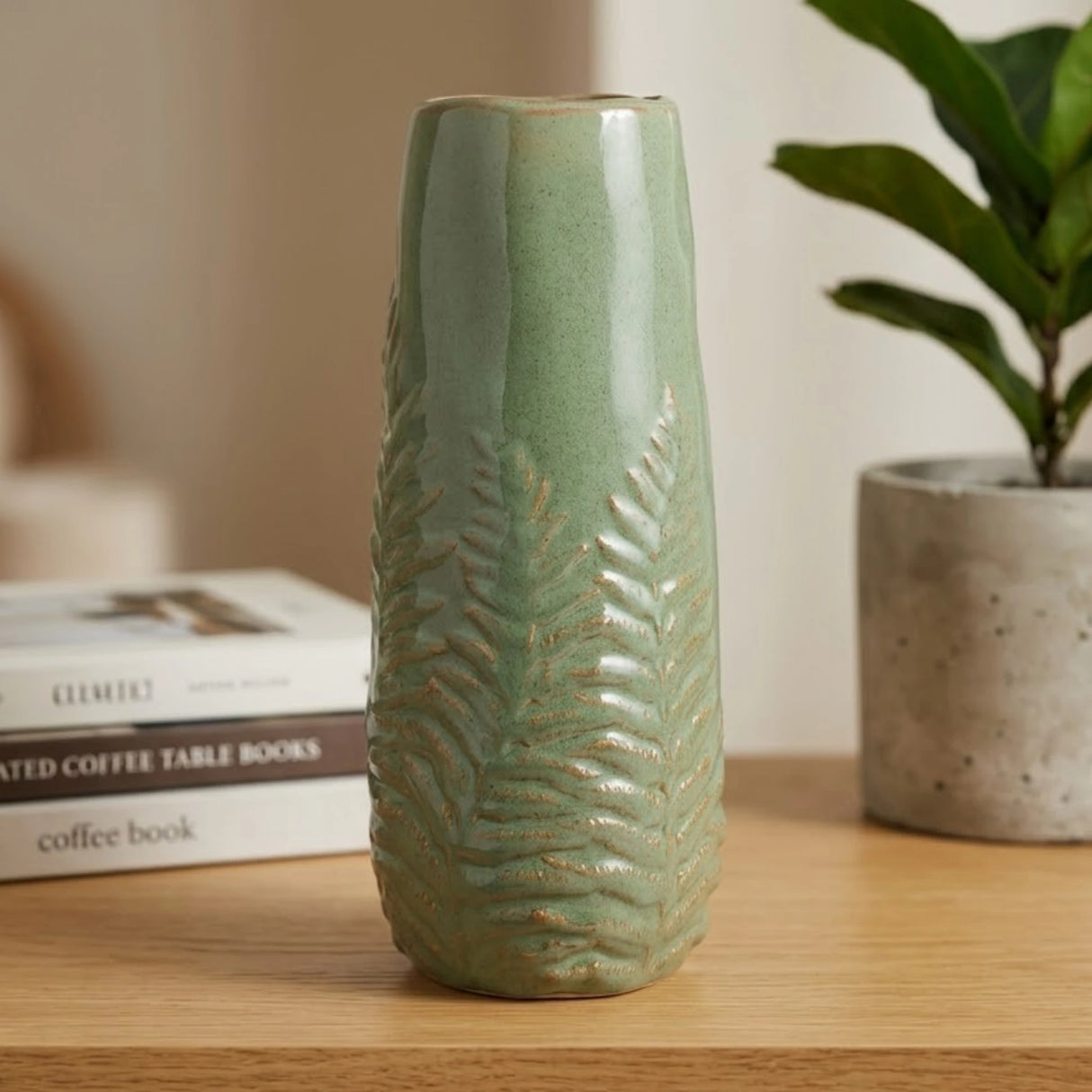 ceramic vase textured leaves green large 13x4 china