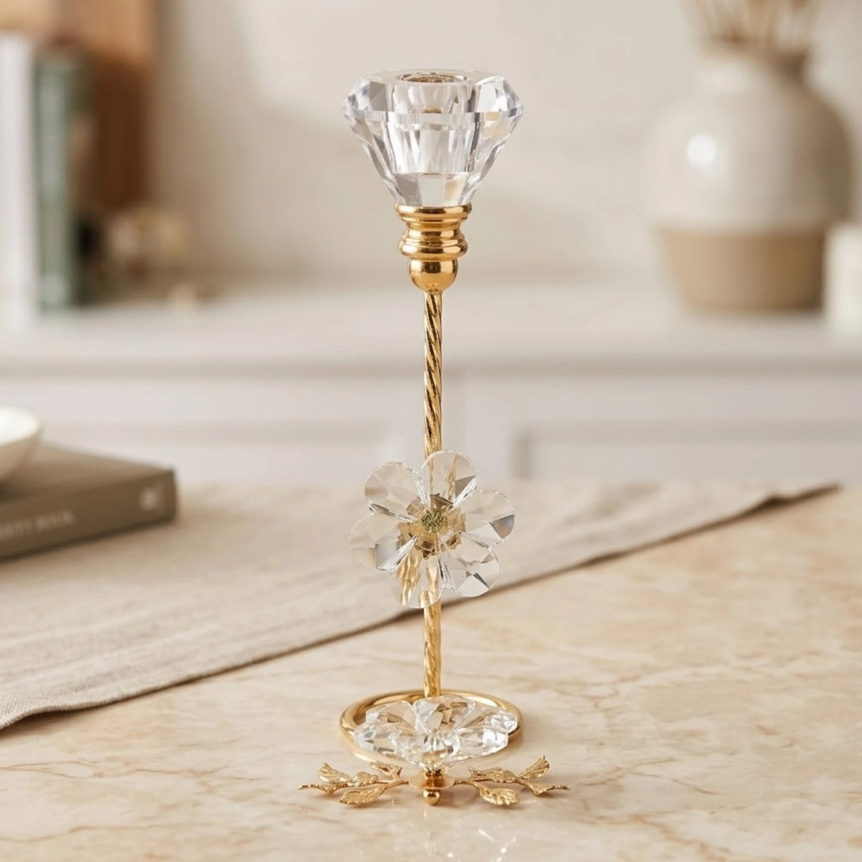 fancy metal candle stand with 2 crystal flower medium 8.5x5 china