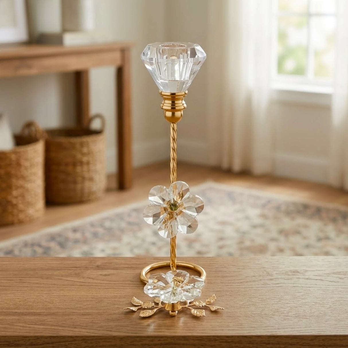 fancy metal candle stand with 2 crystal flower large 10.5x5 china