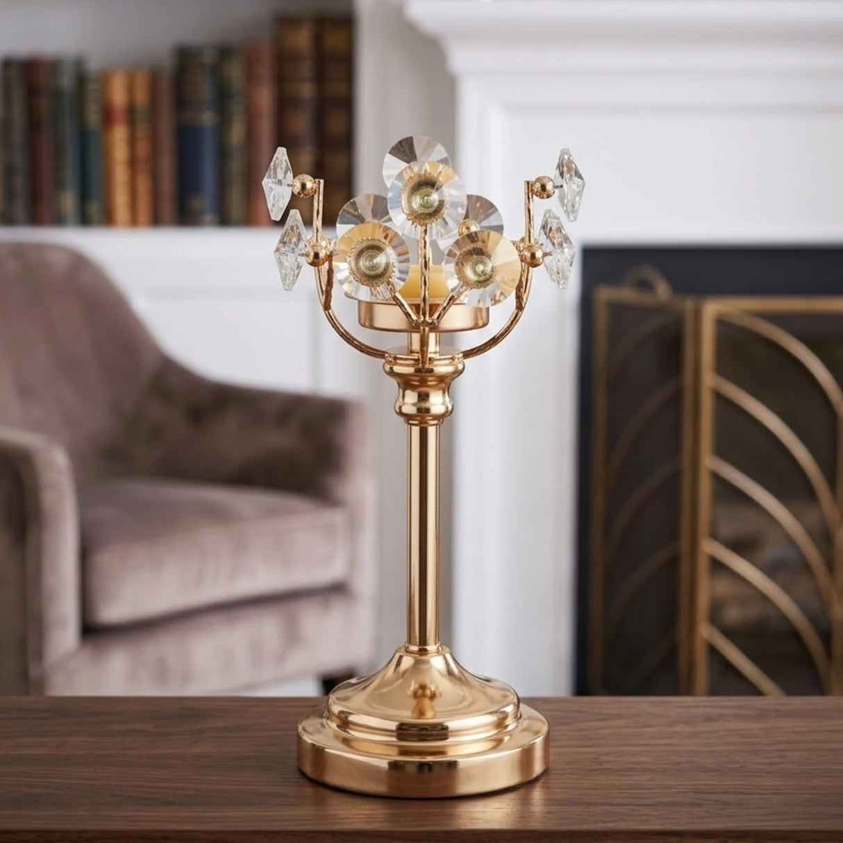 fancy metal candle stand with crystal beads medium 10.5x4.5 china