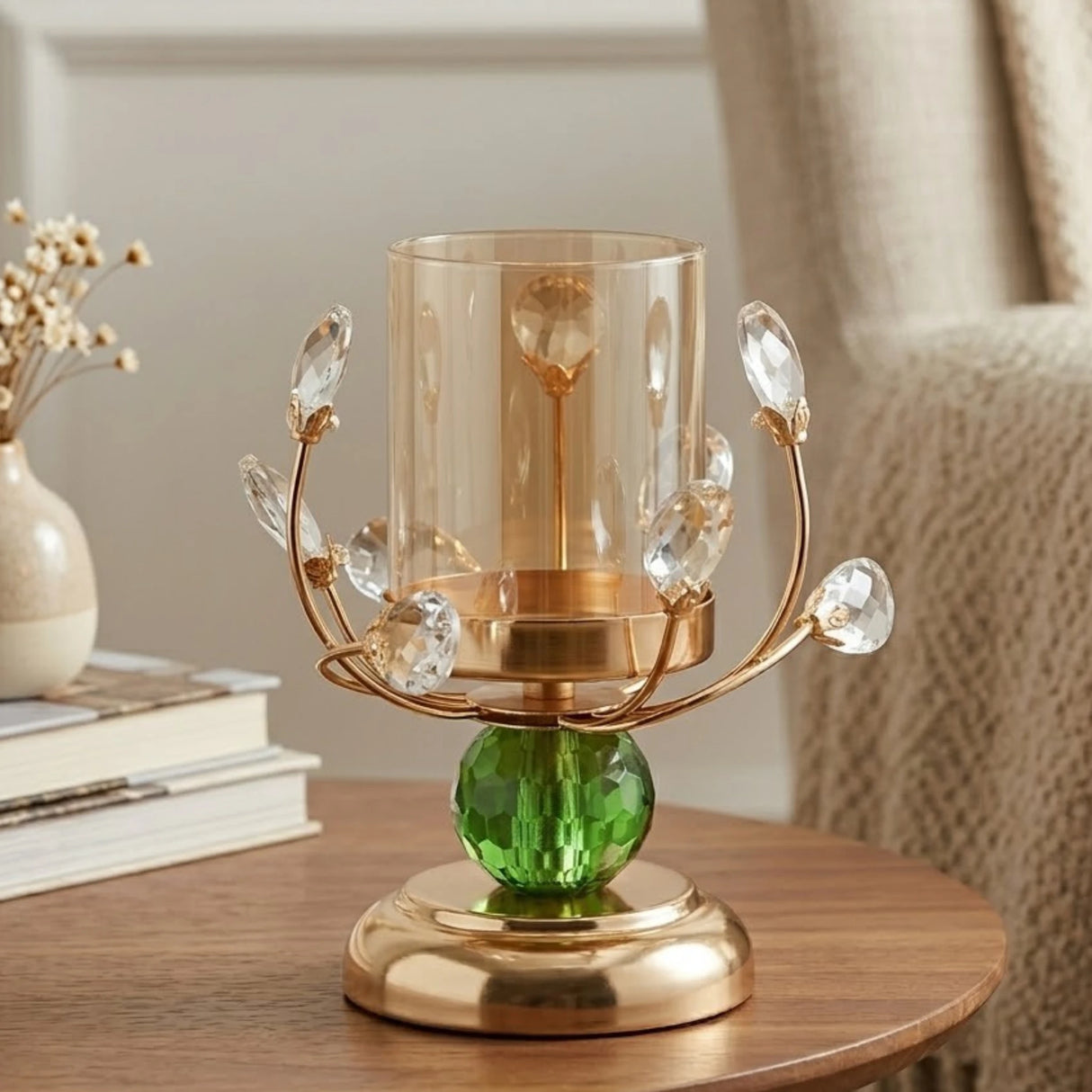 fancy metal candle stand with 1 crystal ball green small 7.5x4 china