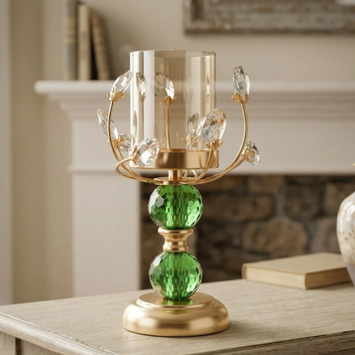 fancy metal candle stand with 2 crystal ball green medium 10x4 china