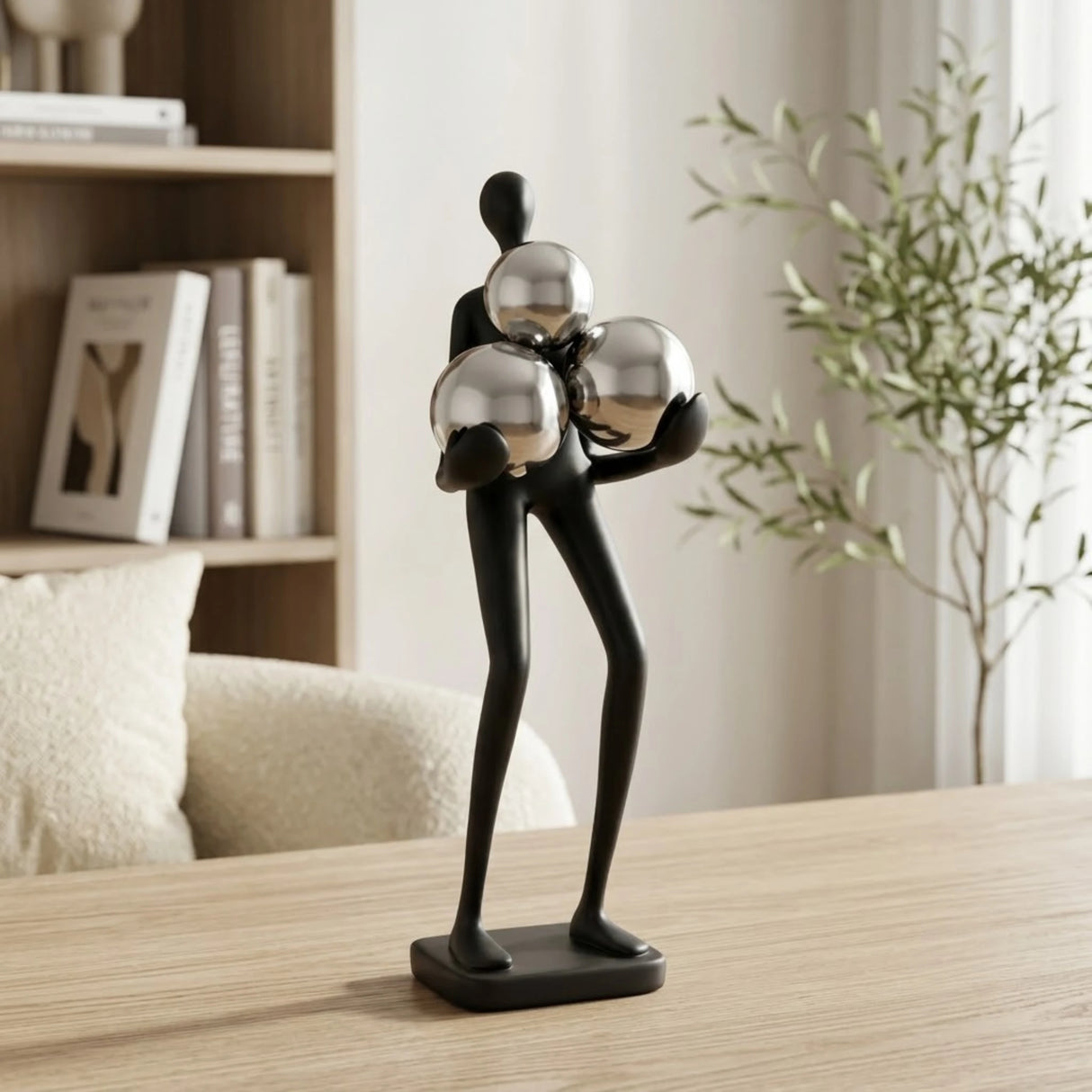 statue man holding 3balls fiber black 12''x4'' china
