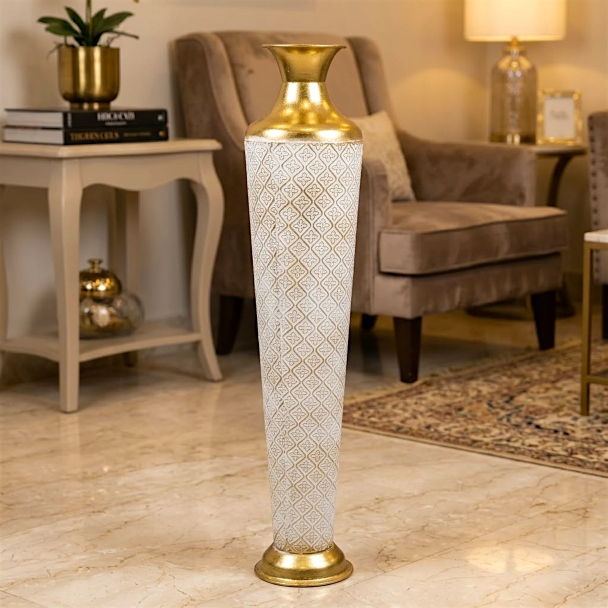 metal floor vase flower white & golden small 32"x7" china