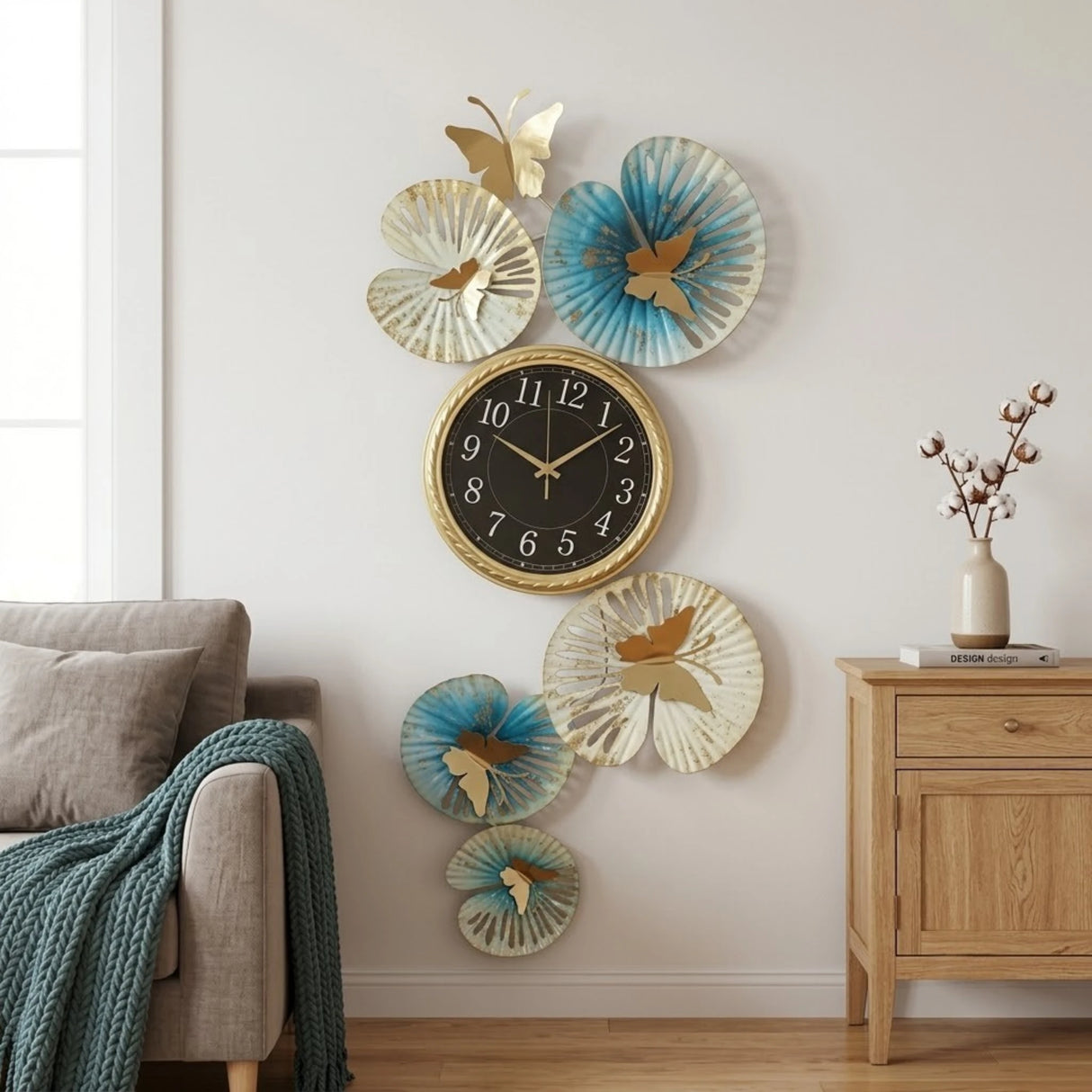metal clock 6 butterfly golden & blue 37''x16'' china