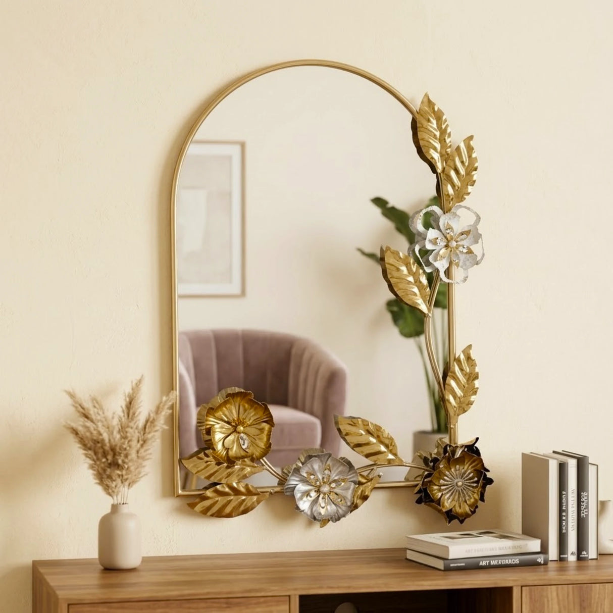 wall hanging mirror flower oval golden & white 37''x29'' china