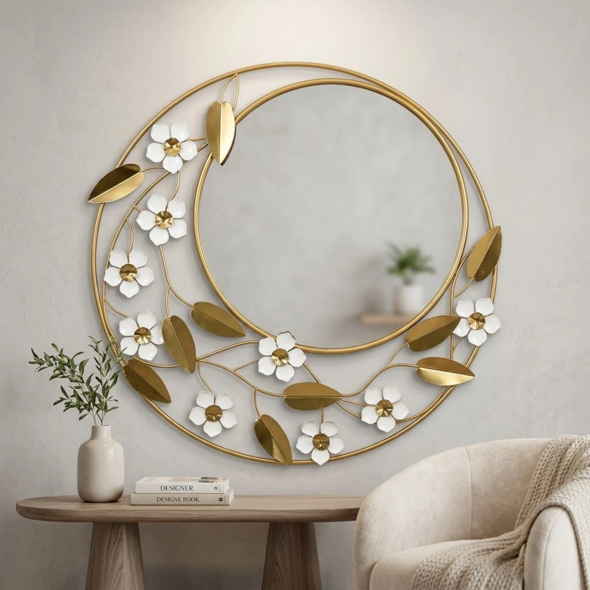 wall hanging mirror flower round golden & white 32''x34'' china