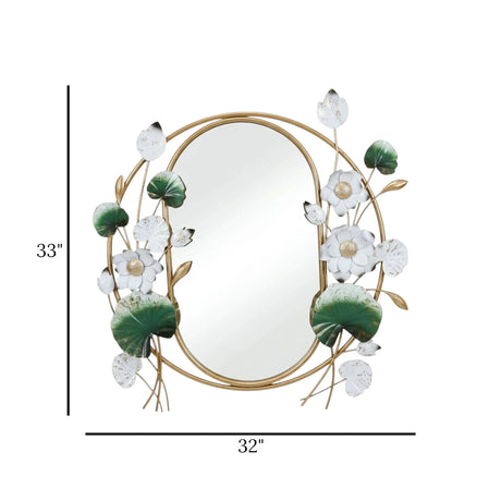 wall hanging mirror flower oval green & white 33''x32'' china