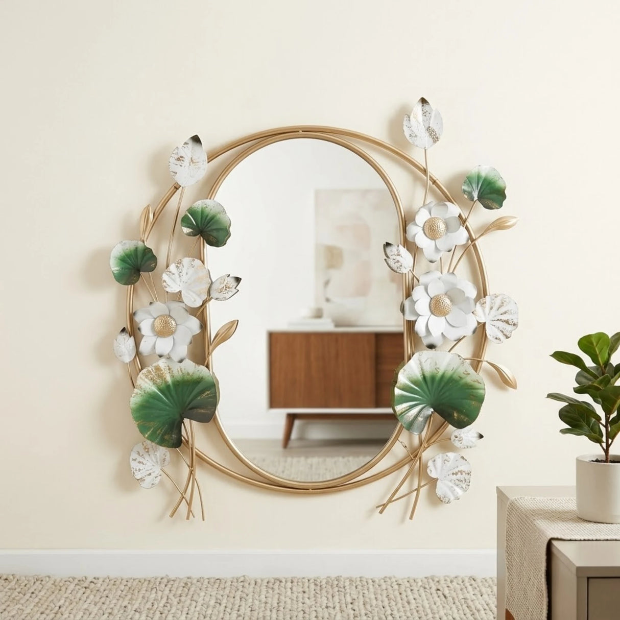 wall hanging mirror flower oval green & white 33''x32'' china