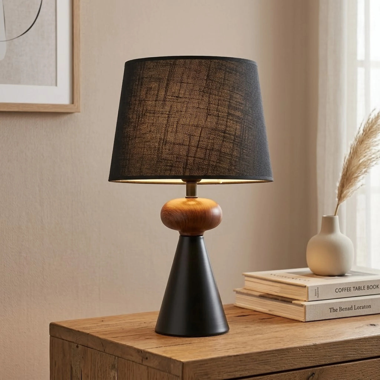 metal table lamp wood ring cone black 17"x10" china