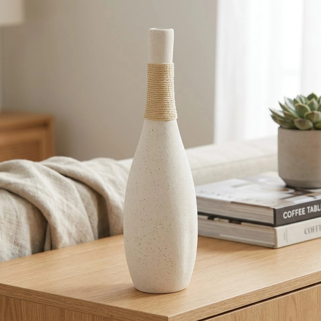 ceramic vase rope wrapped white 12''x2.5'' china