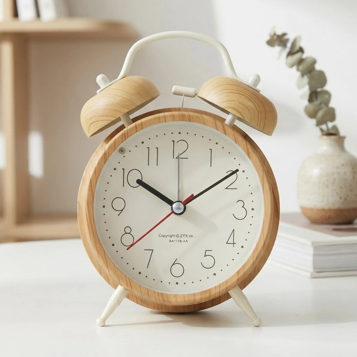 metal alarm clock light wood & white round 6"x4" china