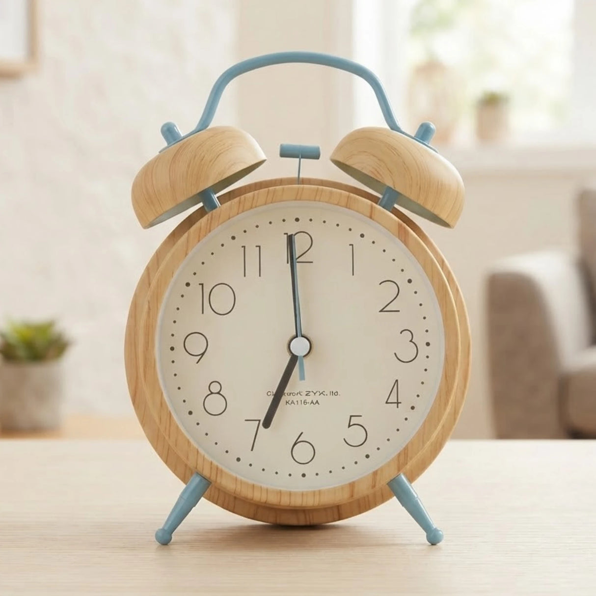 metal alarm clock light wood & blue round 6"x4" china