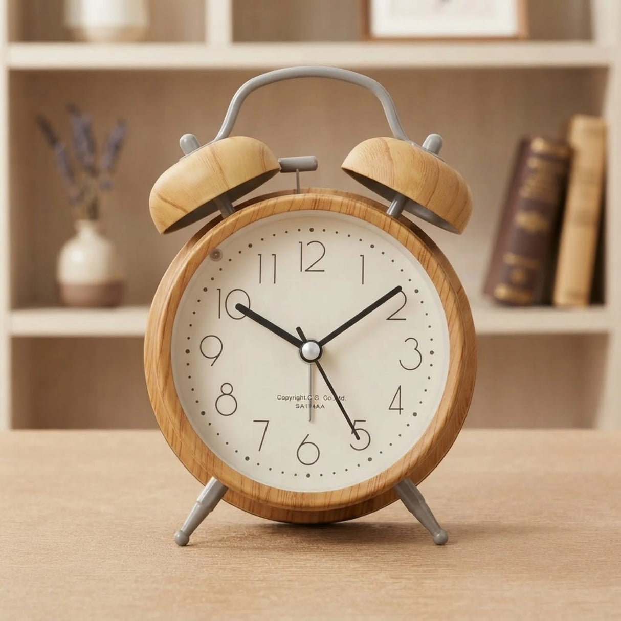 metal alarm clock light wood & grey round 6"x4" china