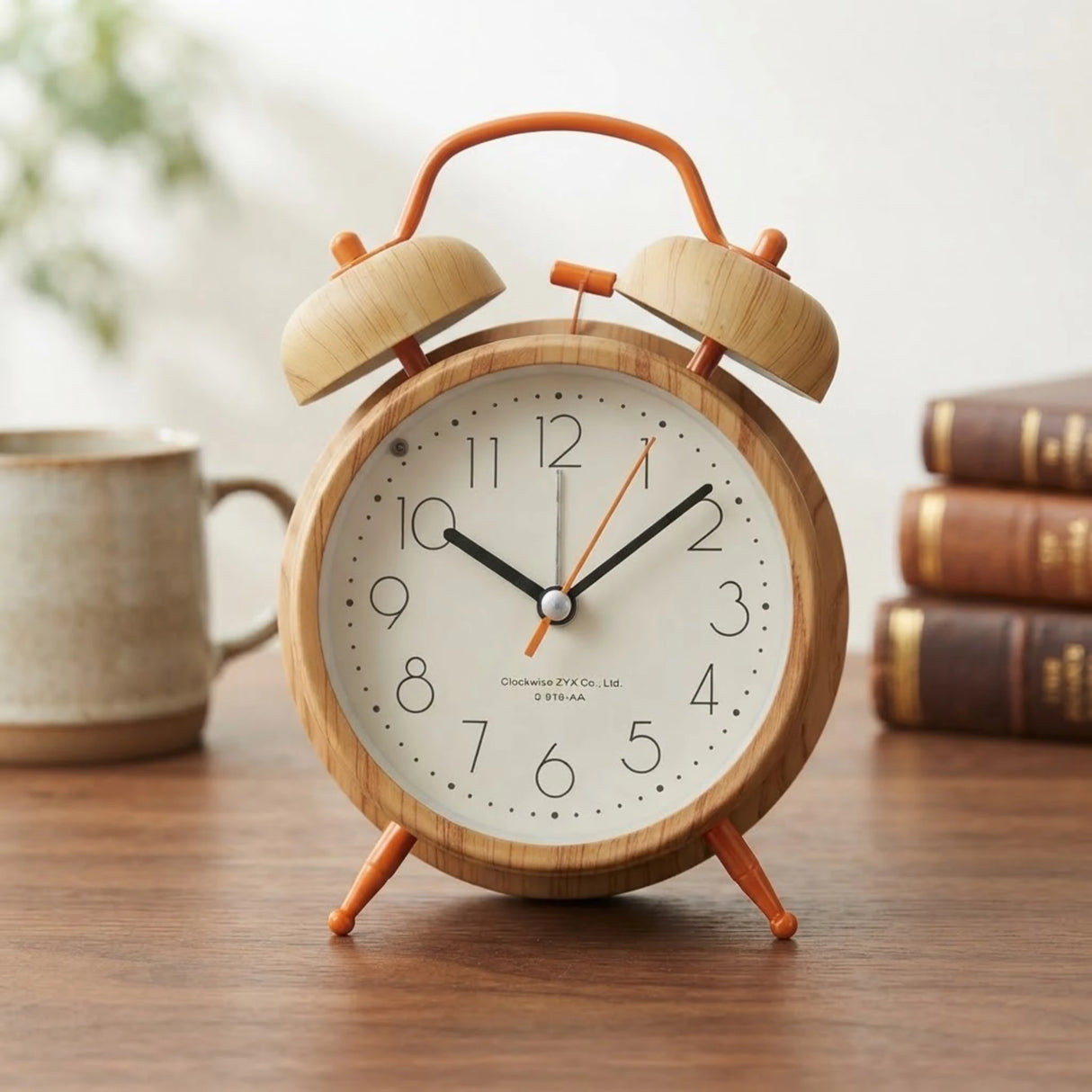 metal alarm clock light wood & orange round 6"x4" china
