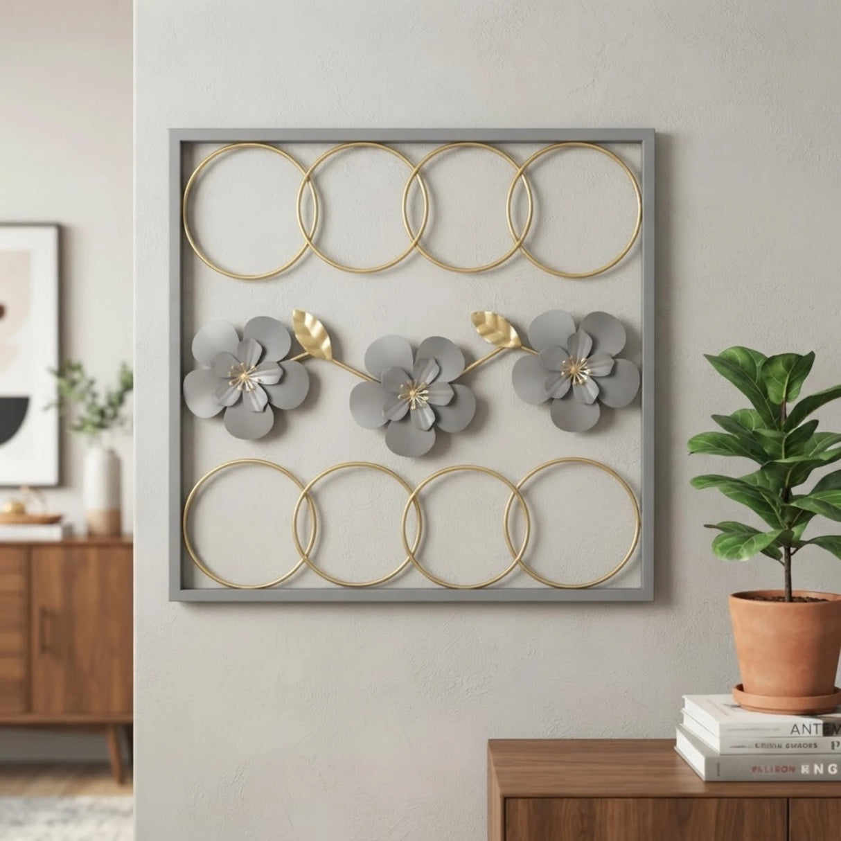 metal wall frame 8 rings grey rectangular 15"x14" china