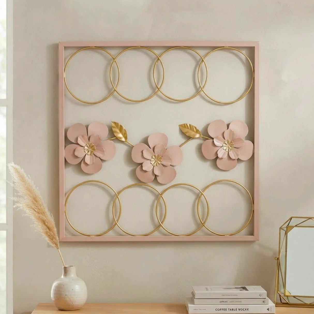 metal wall frame 8 rings pink rectangular 15"x14" china