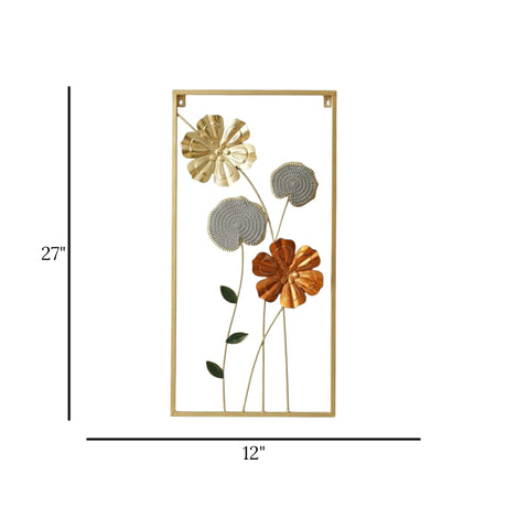metal wall frame flowers 2s rectangular golden & orange 27"x12" china
