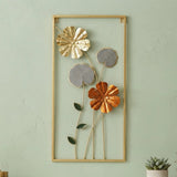 metal wall frame flowers 2s rectangular golden & orange 27"x12" china