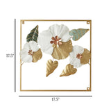 metal wall frame 3 flowers 4 leaves square golden 17.5"x17.5" china