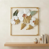 metal wall frame 3 flowers 4 leaves square golden 17.5"x17.5" china