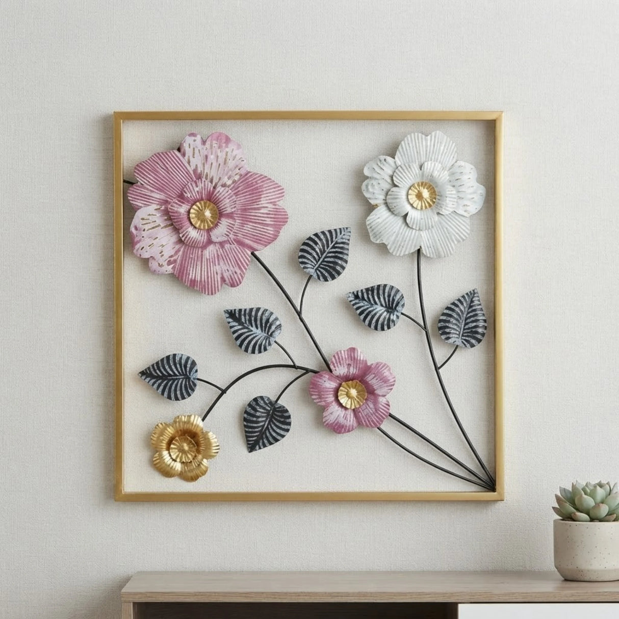 metal wall frame 4flower square golden 17.5"x17.5" china
