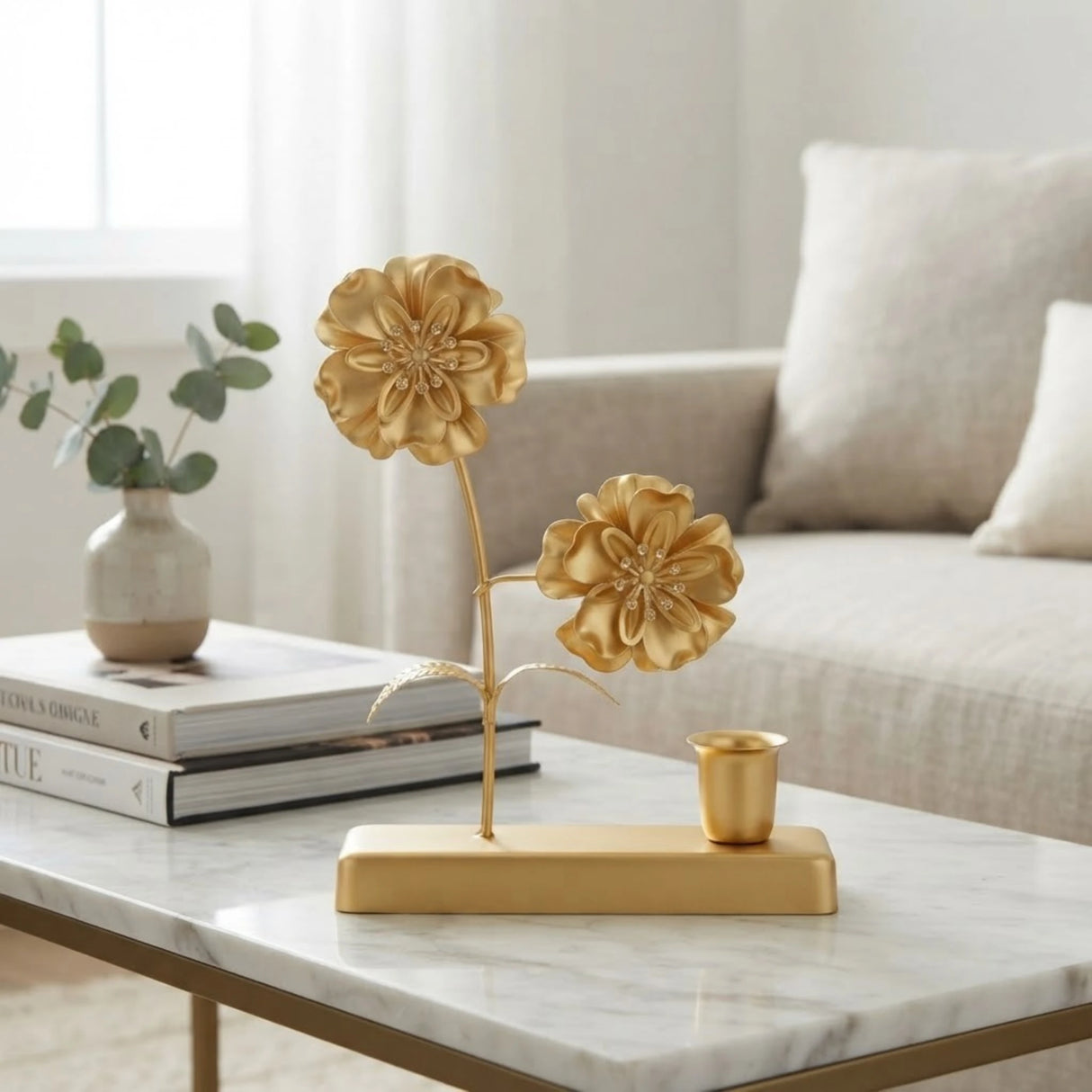 metal candle stand with 2 flower golden 7.5''x6'' china