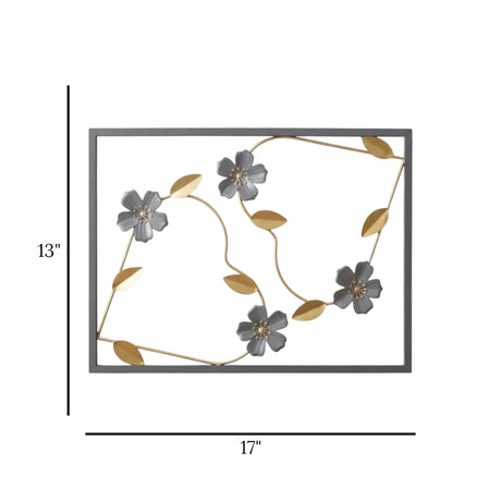 metal wall frame 4 flowers grey rectangular 17"x13" china