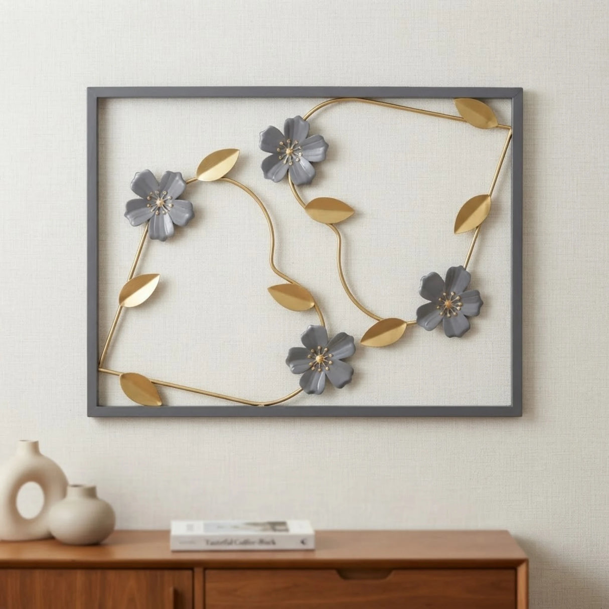 metal wall frame 4 flowers grey rectangular 17"x13" china