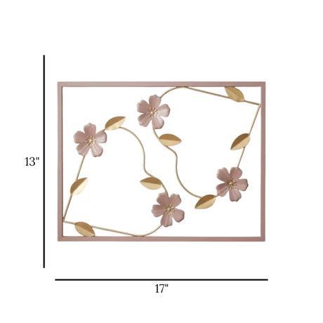 metal wall frame 4 flowers pink rectangular 17"x13" china