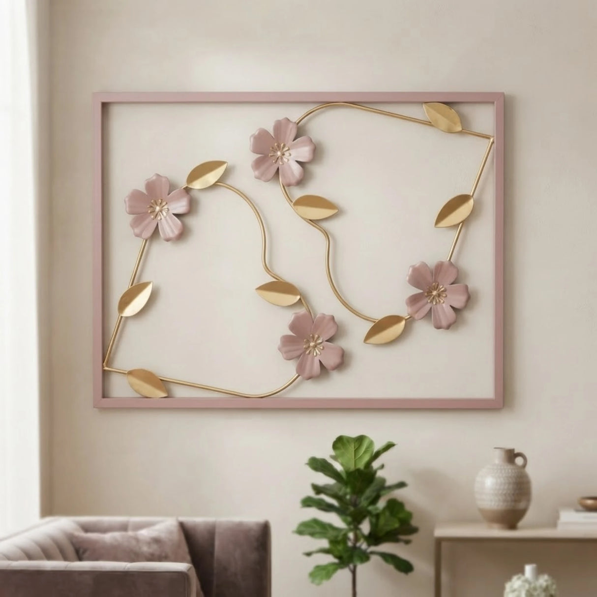 metal wall frame 4 flowers pink rectangular 17"x13" china