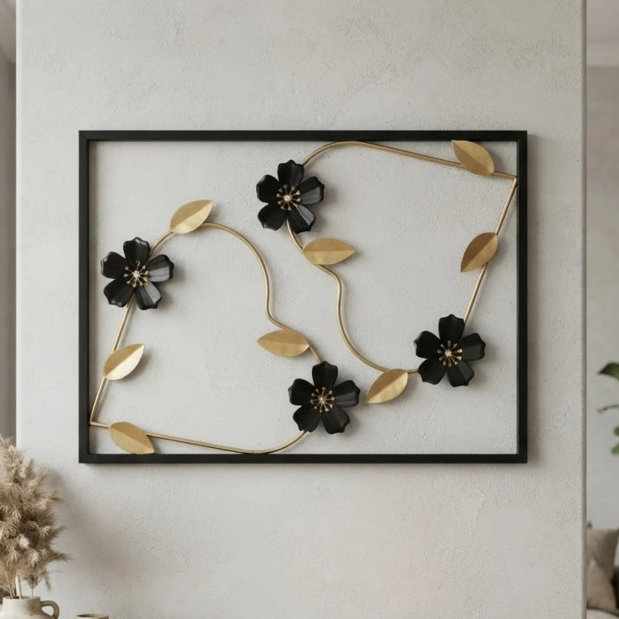 metal wall frame 4 flowers black rectangular 17"x13" china