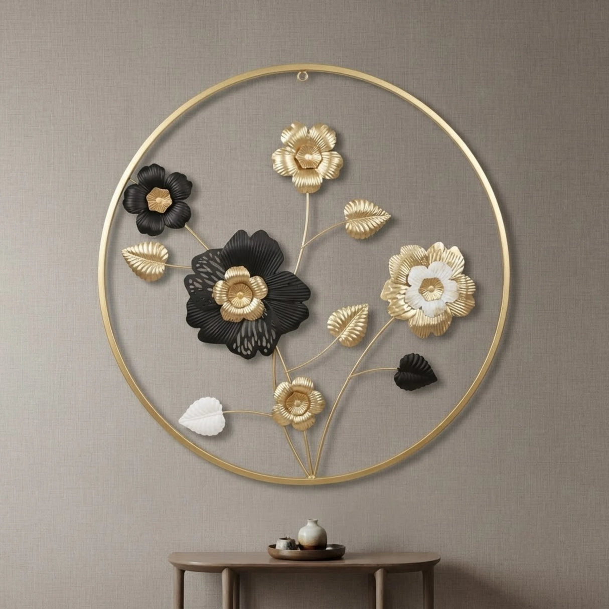 metal wall frame 5flowers  round golden & black 23"x23" china