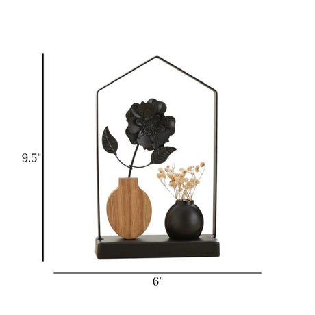 table decorative metal frame flower vase black 9.5"x6"china