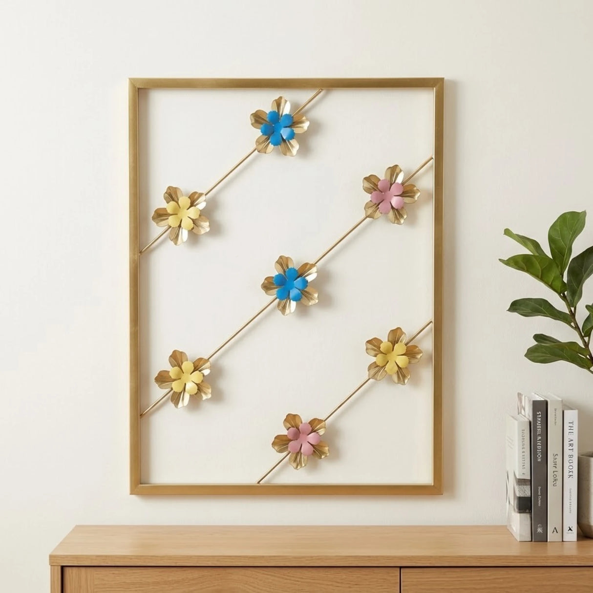 metal wall frame 7flower rectangle golden 16"x12" china
