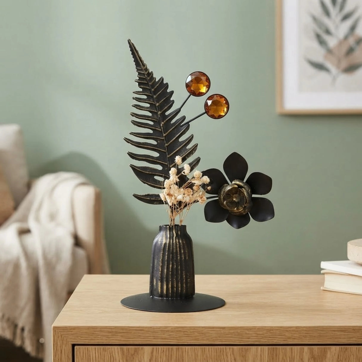table decorative metal flower vase black 9"x3.5" china