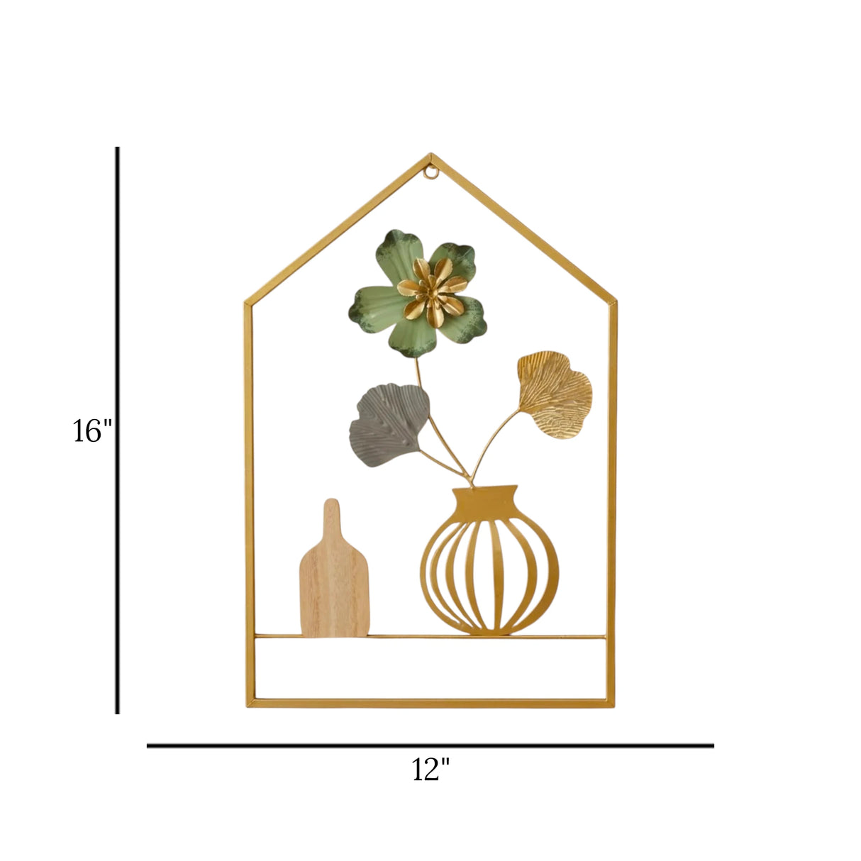 metal wall frame 1 flower 2 leaves 1 wooden vase 1 metal vase pentagonal golden 16"x12" china