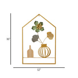 metal wall frame 1 flower 2 leaves 1 wooden vase 1 metal vase pentagonal golden 16"x12" china