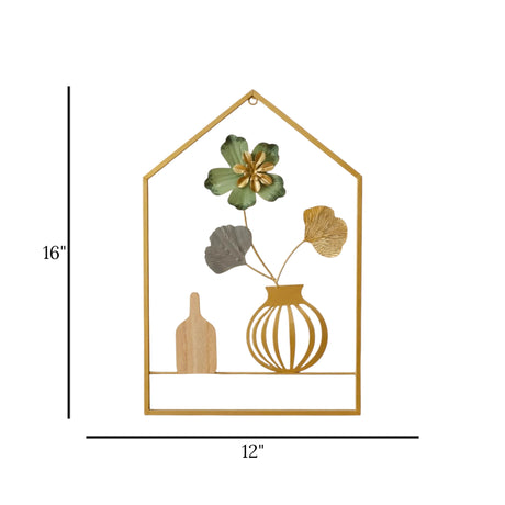 metal wall frame 1 flower 2 leaves 1 wooden vase 1 metal vase pentagonal golden 16"x12" china