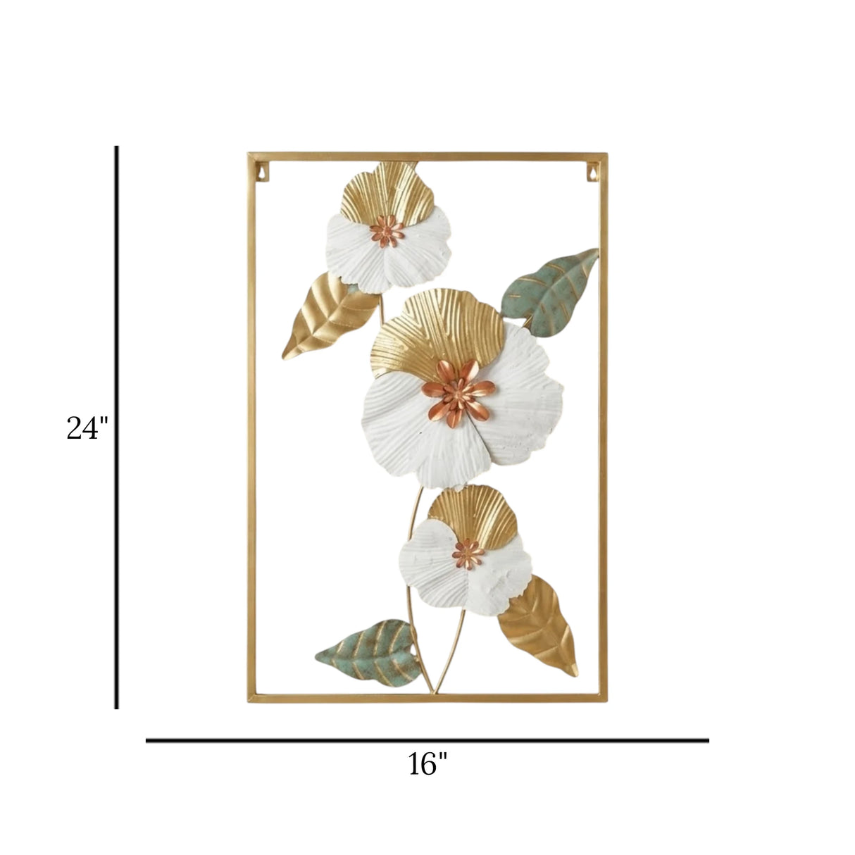 metal wall frame 3 flower 4 leaves rectangle golden 24"x16" china